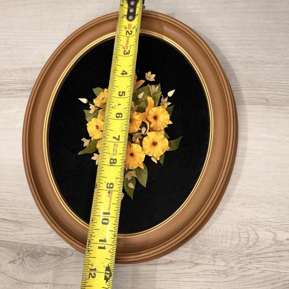 3D Floral Shadow Box Oval Frame Black Velvet Yellow Flowers Cottagecore Vintage